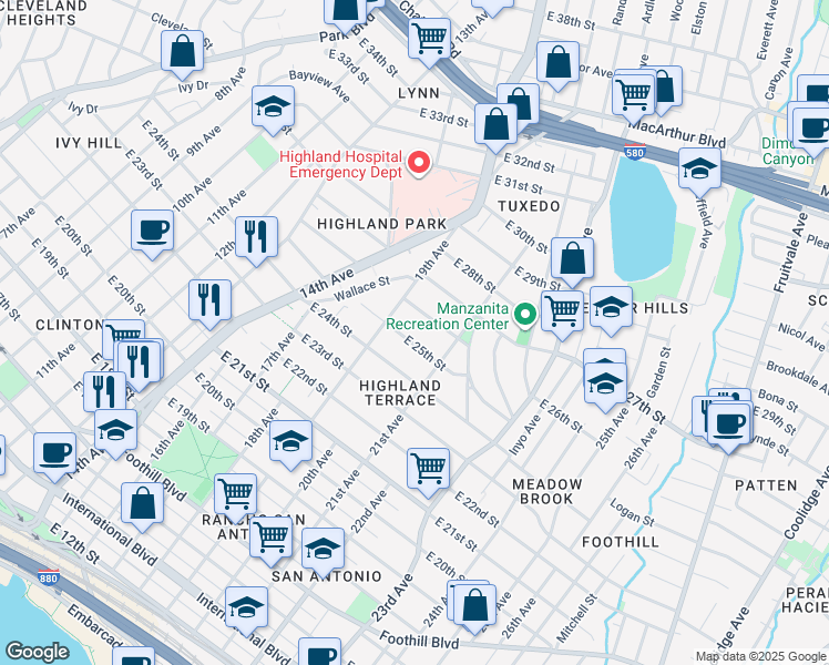 map of restaurants, bars, coffee shops, grocery stores, and more near 2010 East 25th Street in Oakland