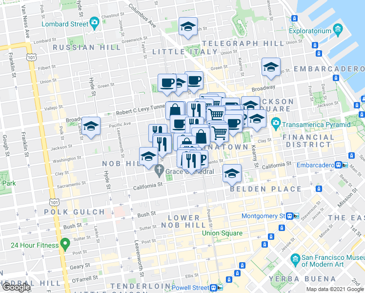 map of restaurants, bars, coffee shops, grocery stores, and more near 115 Wetmore Street in San Francisco