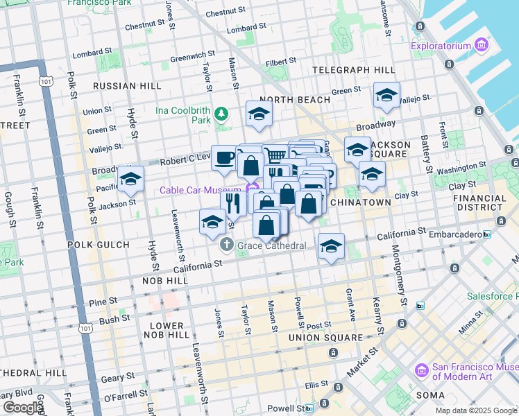 map of restaurants, bars, coffee shops, grocery stores, and more near 115 Wetmore Street in San Francisco