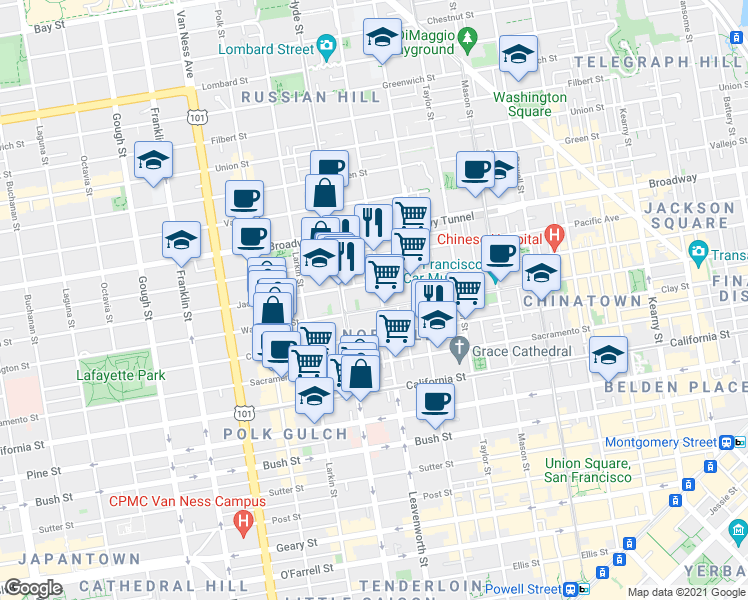 map of restaurants, bars, coffee shops, grocery stores, and more near in San Francisco