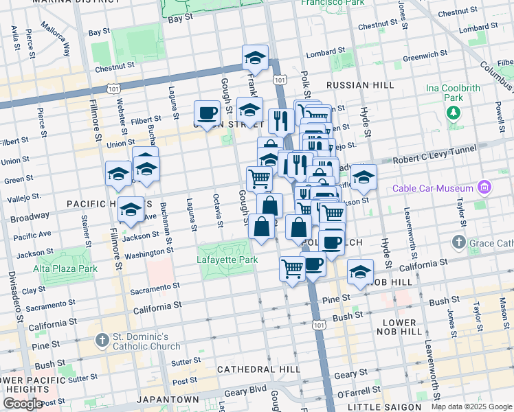 map of restaurants, bars, coffee shops, grocery stores, and more near 1830 Jackson Street in San Francisco