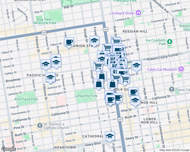 map of restaurants, bars, coffee shops, grocery stores, and more near 1830 Jackson Street in San Francisco