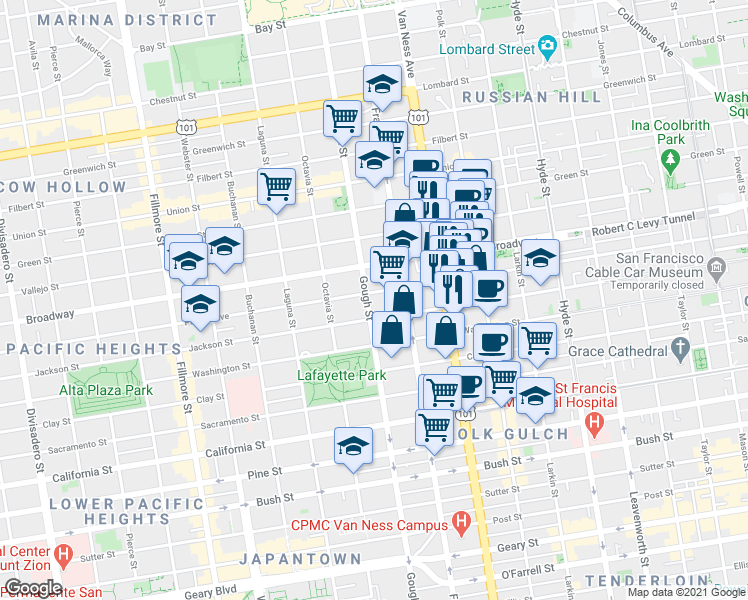 map of restaurants, bars, coffee shops, grocery stores, and more near 1830 Jackson Street in San Francisco