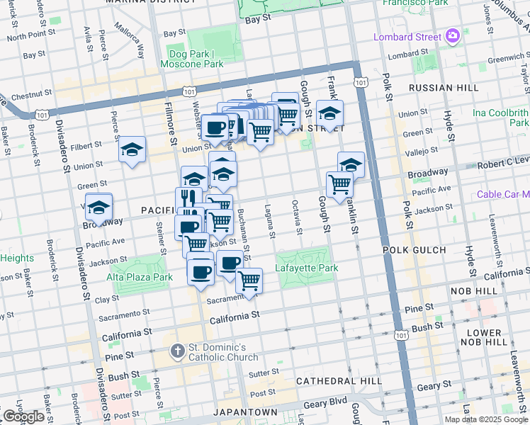 map of restaurants, bars, coffee shops, grocery stores, and more near in San Francisco