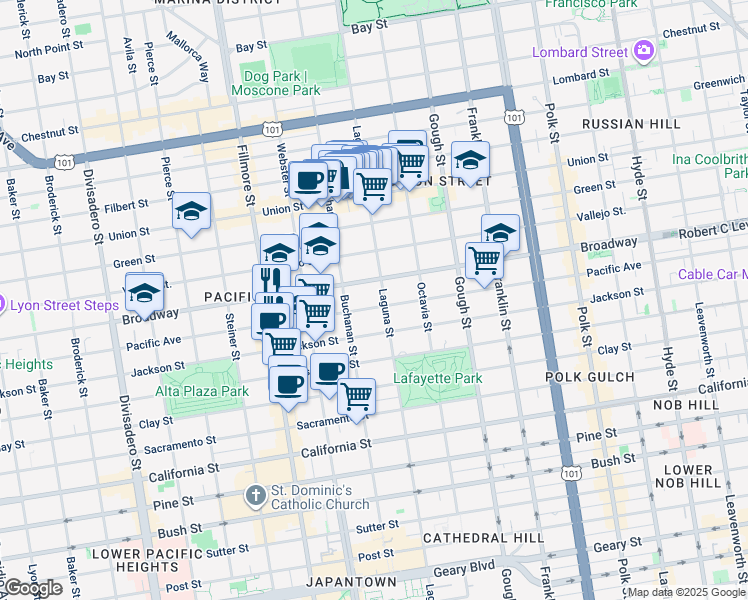 map of restaurants, bars, coffee shops, grocery stores, and more near in San Francisco