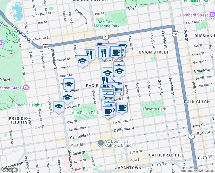 map of restaurants, bars, coffee shops, grocery stores, and more near in San Francisco