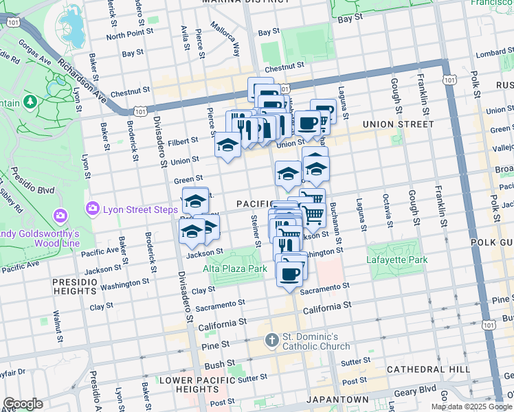 map of restaurants, bars, coffee shops, grocery stores, and more near 2361 Broadway in San Francisco