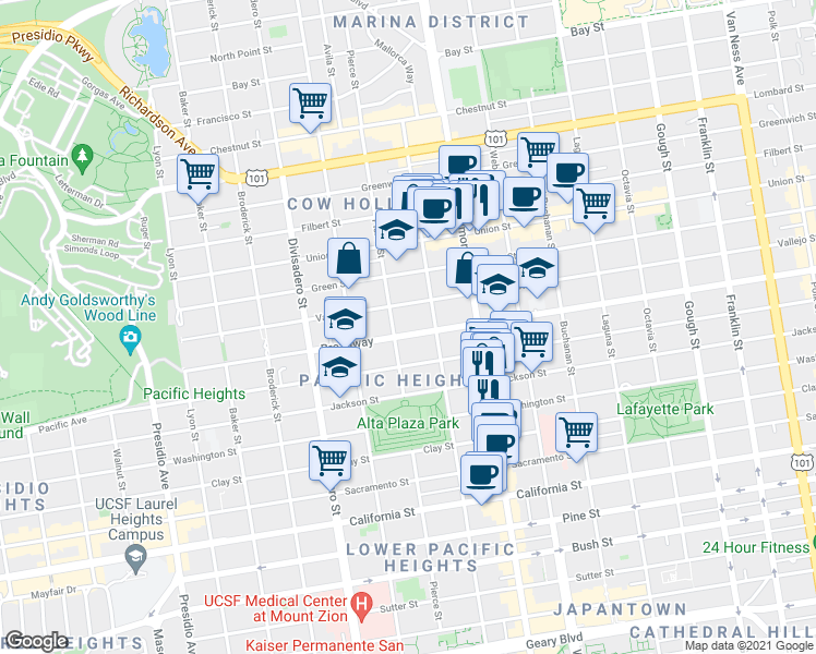 map of restaurants, bars, coffee shops, grocery stores, and more near 2454 Broadway in San Francisco