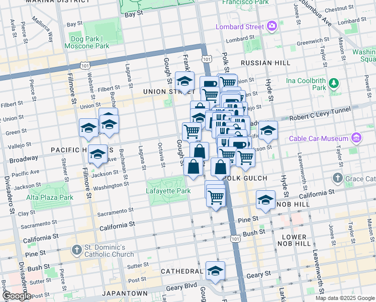 map of restaurants, bars, coffee shops, grocery stores, and more near 1830 Jackson Street in San Francisco