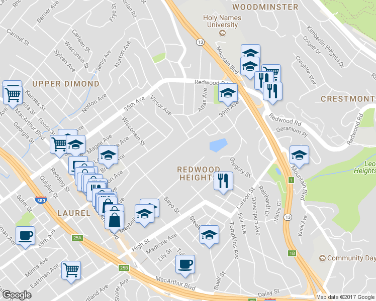 map of restaurants, bars, coffee shops, grocery stores, and more near 4114 39th Avenue in Oakland