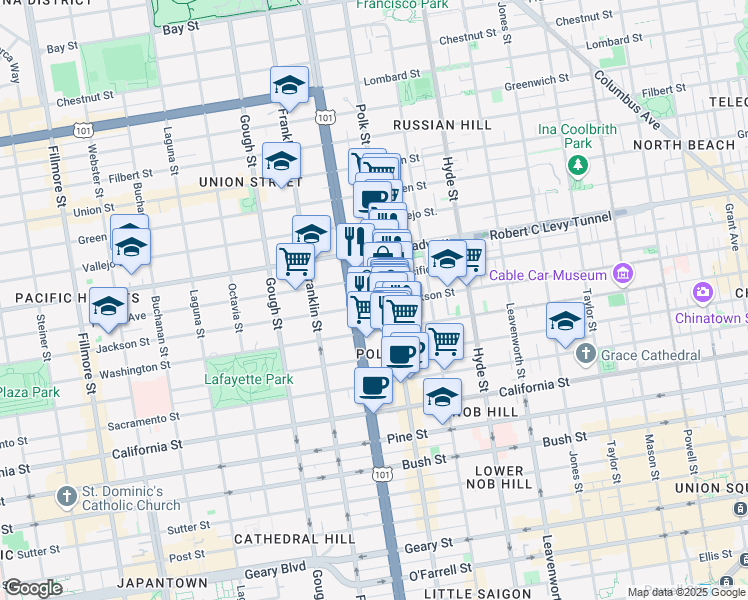 map of restaurants, bars, coffee shops, grocery stores, and more near 1653 Jackson Street in San Francisco