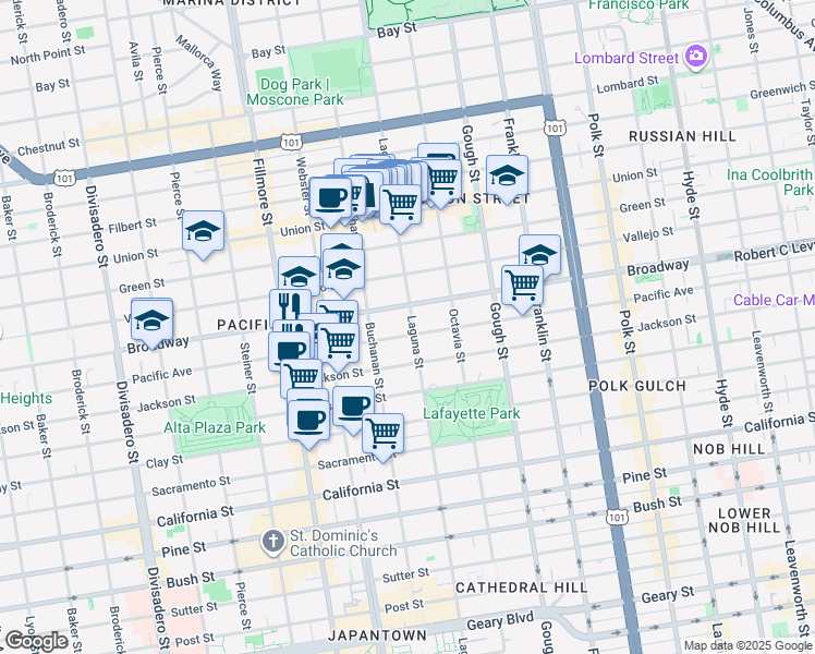 map of restaurants, bars, coffee shops, grocery stores, and more near 2100 Pacific Avenue in San Francisco