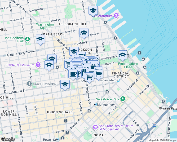 map of restaurants, bars, coffee shops, grocery stores, and more near 555 Commercial Street in San Francisco