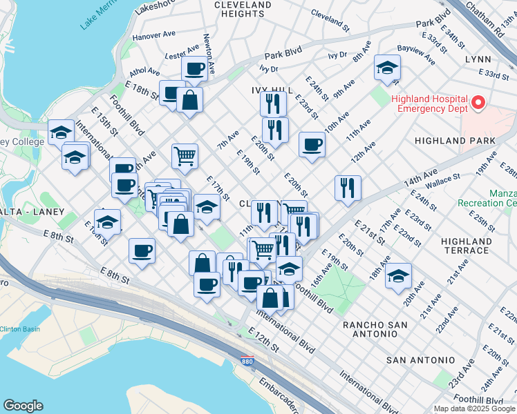 map of restaurants, bars, coffee shops, grocery stores, and more near 1022 East 18th Street in Oakland