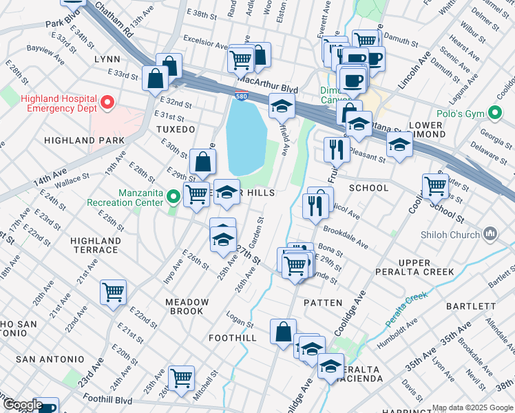 map of restaurants, bars, coffee shops, grocery stores, and more near 2615 East 28th Street in Oakland