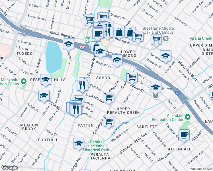 map of restaurants, bars, coffee shops, grocery stores, and more near 3044 Capp Street in Oakland