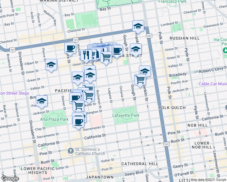 map of restaurants, bars, coffee shops, grocery stores, and more near 2070 Pacific Avenue in San Francisco