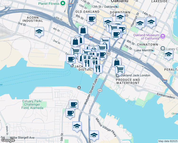 map of restaurants, bars, coffee shops, grocery stores, and more near 51 Broadway in Oakland