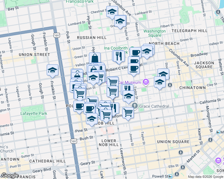 map of restaurants, bars, coffee shops, grocery stores, and more near Leavenworth Street in San Francisco