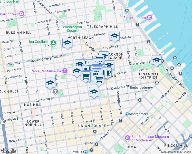 map of restaurants, bars, coffee shops, grocery stores, and more near Clay St & Grant Ave in San Francisco