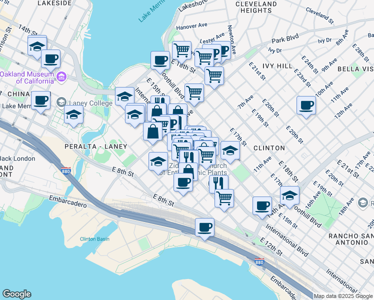 map of restaurants, bars, coffee shops, grocery stores, and more near 655 International Boulevard in Oakland