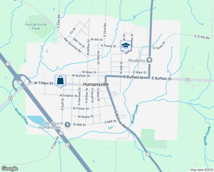 map of restaurants, bars, coffee shops, grocery stores, and more near 102 South Bolivar Road in Humansville