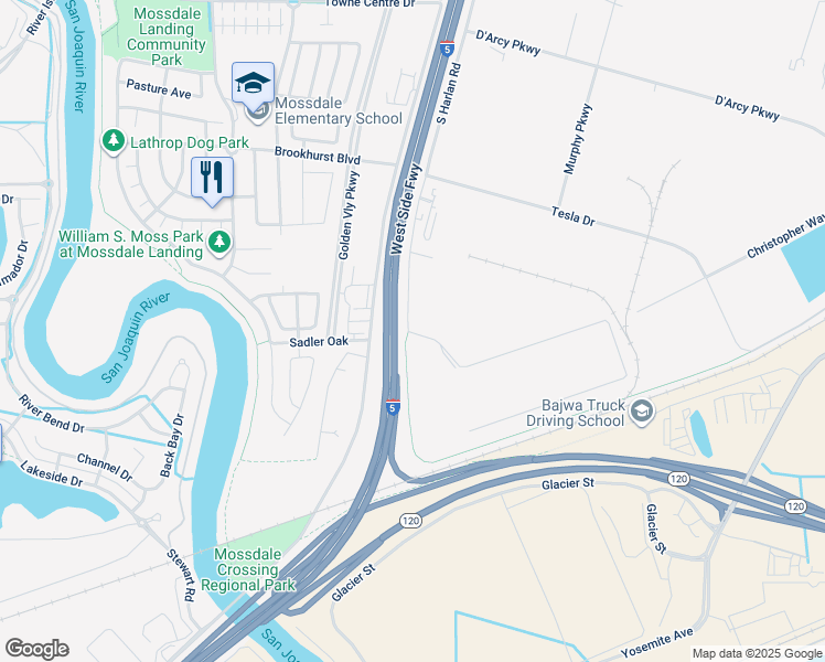 map of restaurants, bars, coffee shops, grocery stores, and more near West Side Fwy in Lathrop