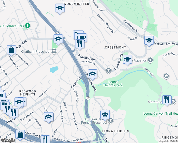 map of restaurants, bars, coffee shops, grocery stores, and more near 4320 Mountain Boulevard in Oakland