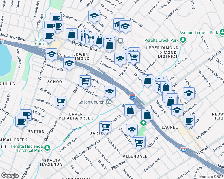 map of restaurants, bars, coffee shops, grocery stores, and more near 3201 Suter Street in Oakland
