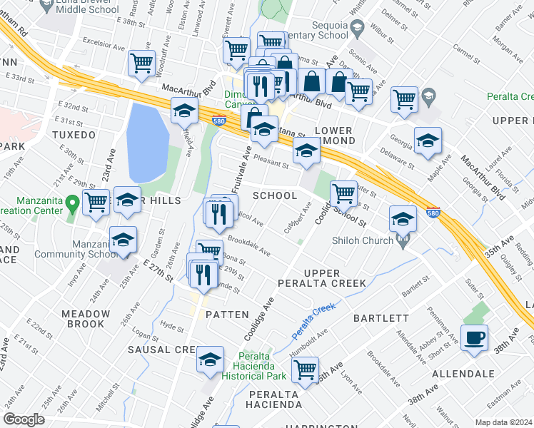 map of restaurants, bars, coffee shops, grocery stores, and more near 3022 Capp Street in Oakland