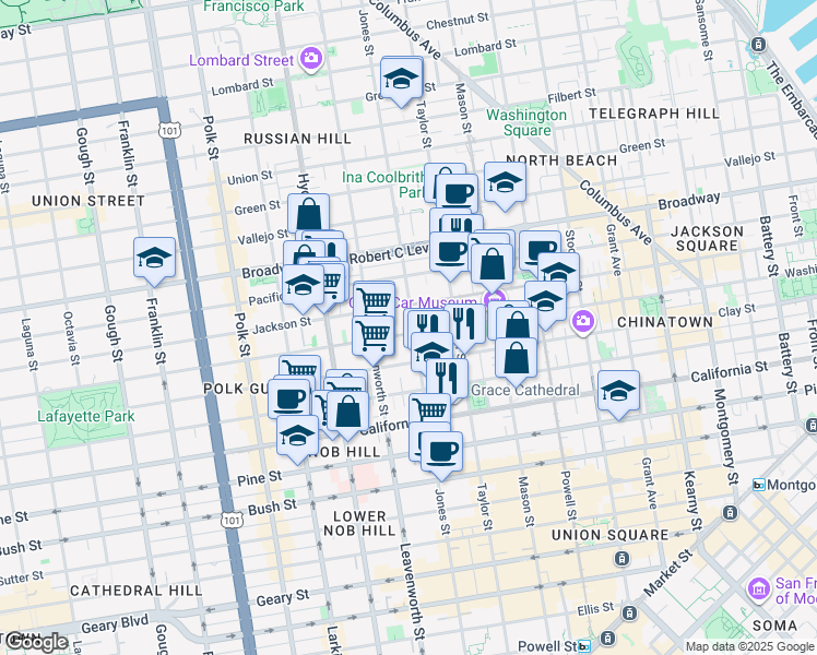 map of restaurants, bars, coffee shops, grocery stores, and more near in San Francisco