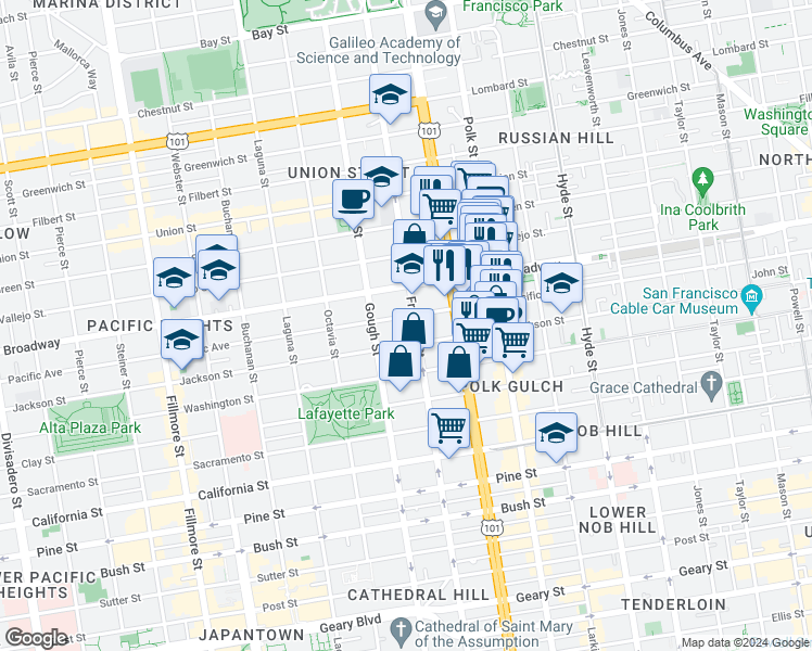 map of restaurants, bars, coffee shops, grocery stores, and more near 1830 Jackson Street in San Francisco