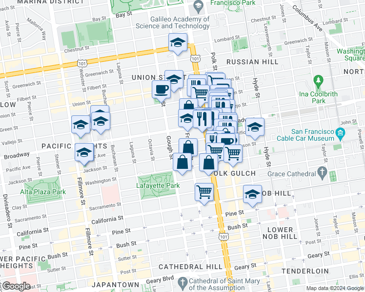 map of restaurants, bars, coffee shops, grocery stores, and more near 1830 Jackson Street in San Francisco