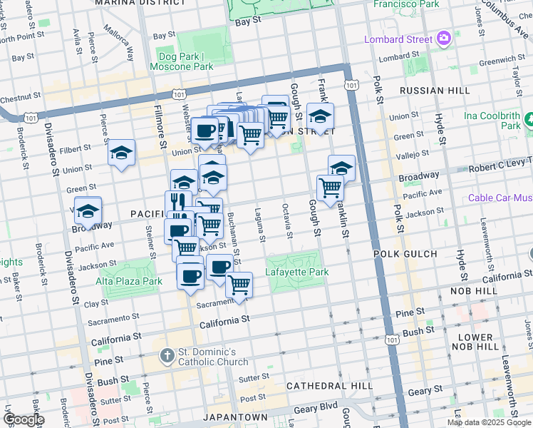 map of restaurants, bars, coffee shops, grocery stores, and more near in San Francisco
