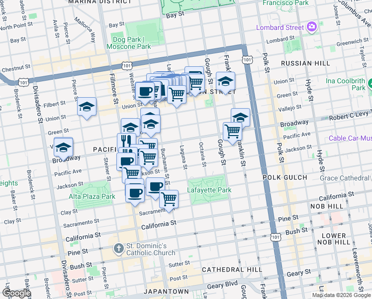 map of restaurants, bars, coffee shops, grocery stores, and more near in San Francisco