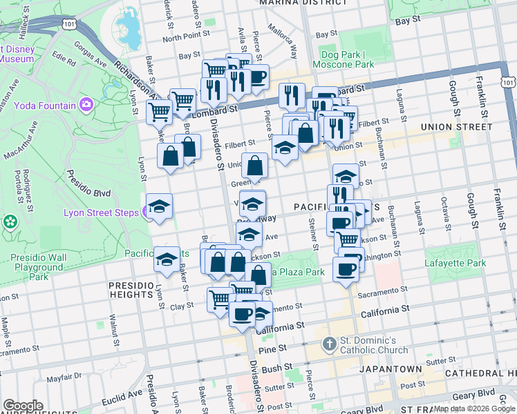 map of restaurants, bars, coffee shops, grocery stores, and more near 22 Normandie Terrace in San Francisco