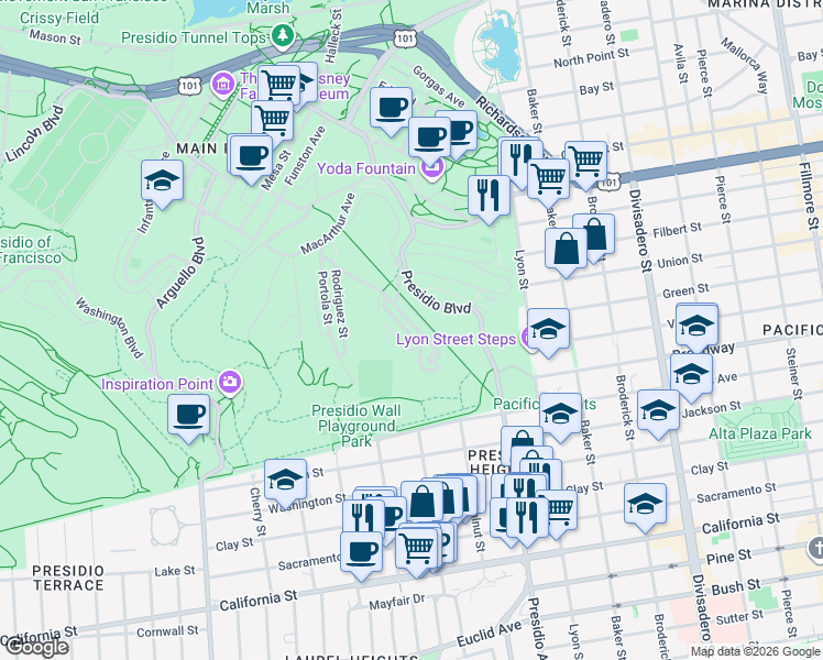 map of restaurants, bars, coffee shops, grocery stores, and more near 725 Sibley Road in San Francisco