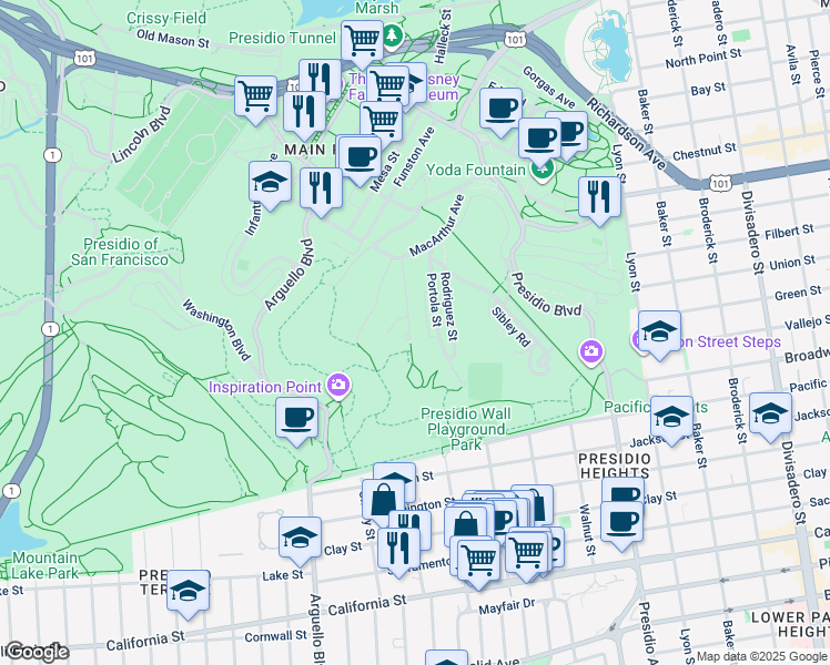 map of restaurants, bars, coffee shops, grocery stores, and more near 8600 MacArthur Avenue in San Francisco