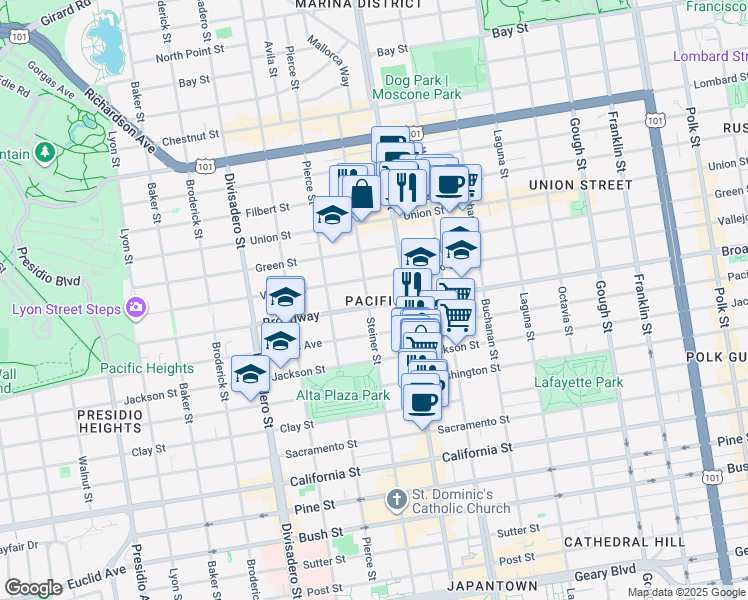 map of restaurants, bars, coffee shops, grocery stores, and more near 2390 Broadway in San Francisco