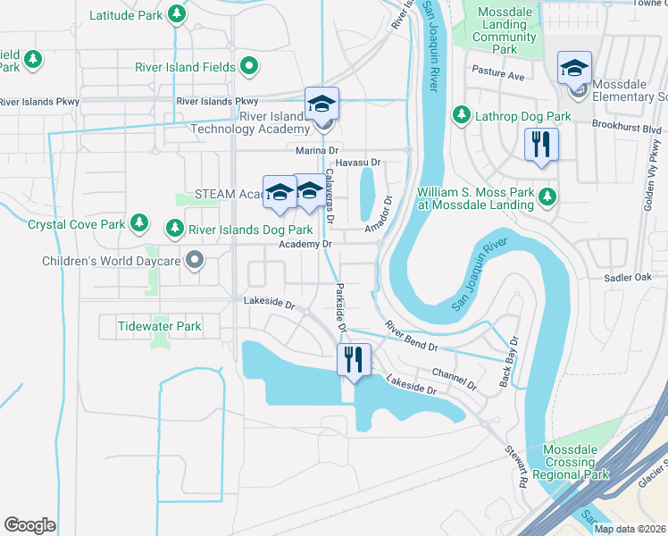 map of restaurants, bars, coffee shops, grocery stores, and more near 1001 Berkshire Court in Lathrop