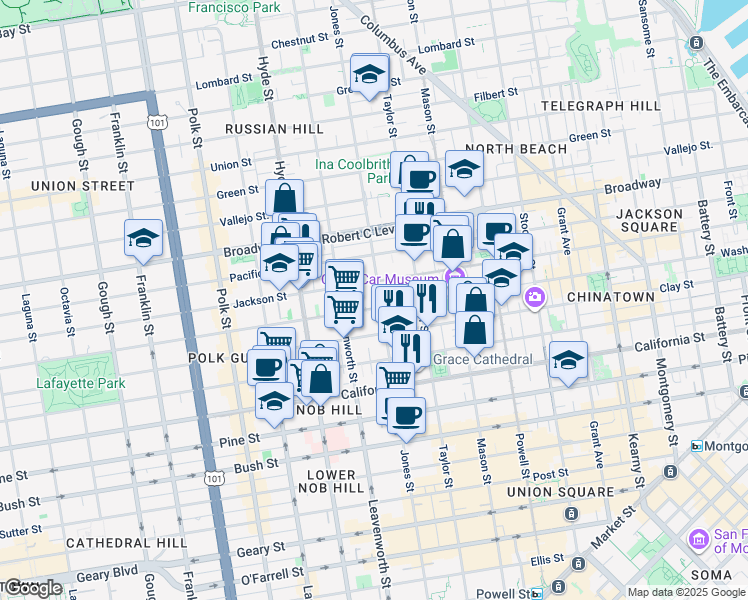 map of restaurants, bars, coffee shops, grocery stores, and more near 1401 Jones Street in San Francisco