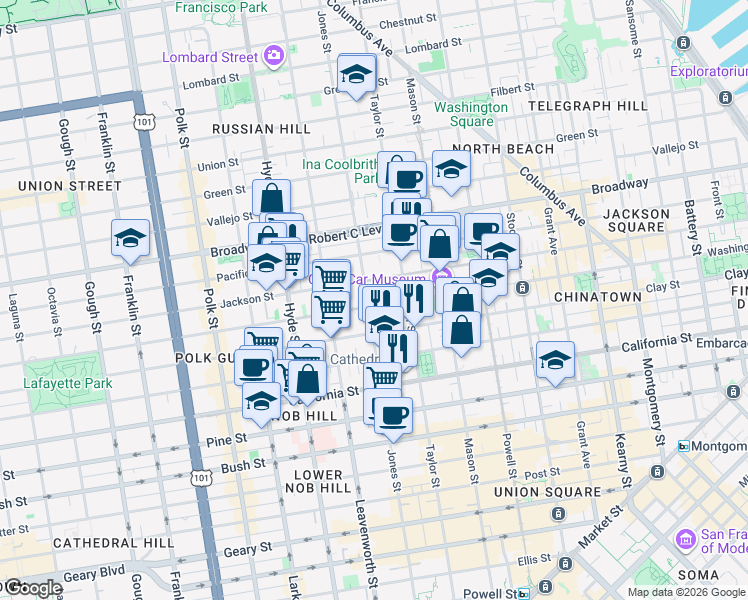 map of restaurants, bars, coffee shops, grocery stores, and more near in San Francisco