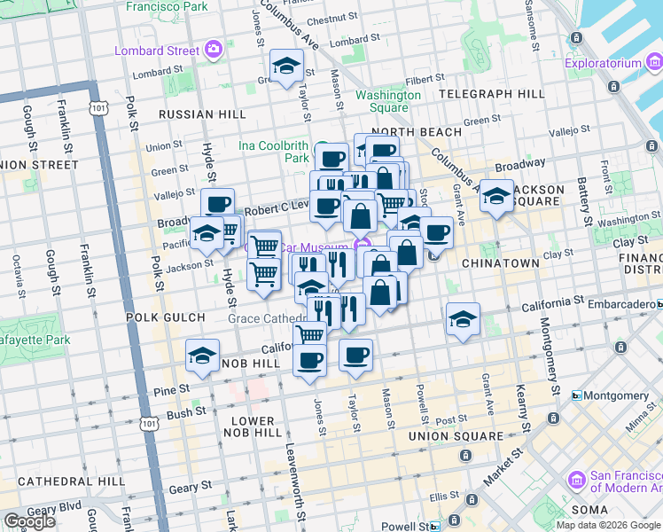 map of restaurants, bars, coffee shops, grocery stores, and more near Washington St & Taylor St in San Francisco