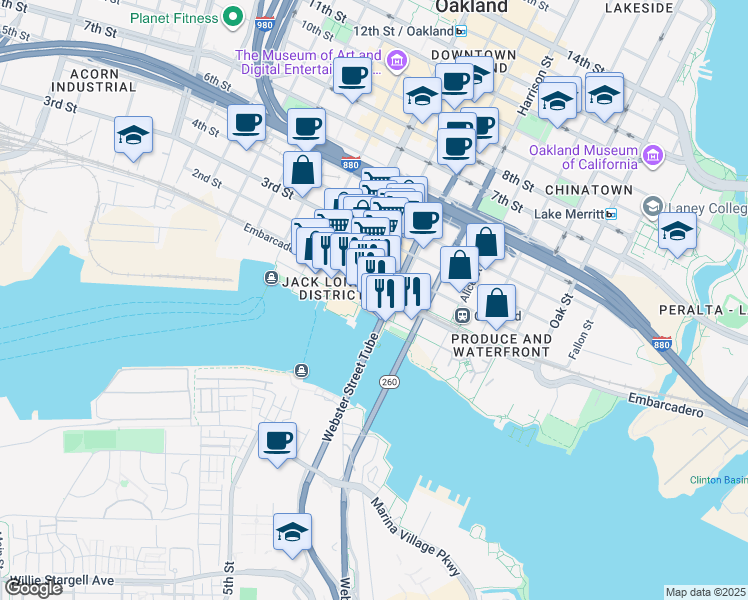 map of restaurants, bars, coffee shops, grocery stores, and more near 20 Franklin Street in Oakland