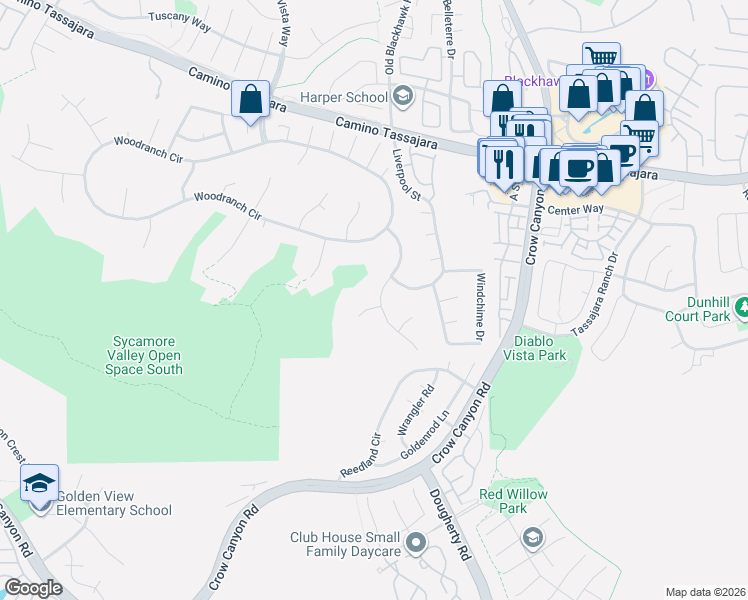 map of restaurants, bars, coffee shops, grocery stores, and more near 10 Crown Valley Court in Danville