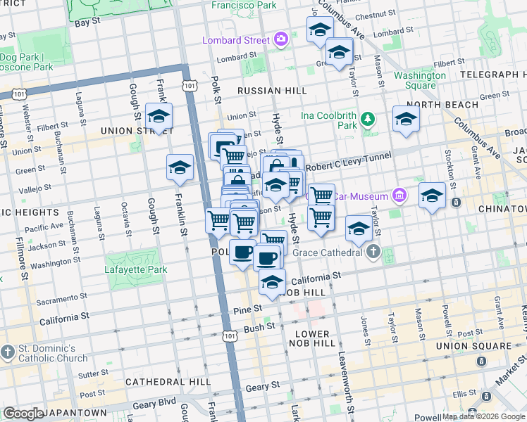 map of restaurants, bars, coffee shops, grocery stores, and more near Jackson St & Larkin St in San Francisco