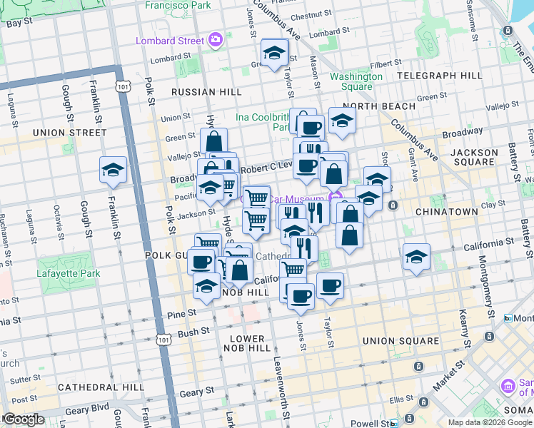 map of restaurants, bars, coffee shops, grocery stores, and more near 1350 Washington Street in San Francisco