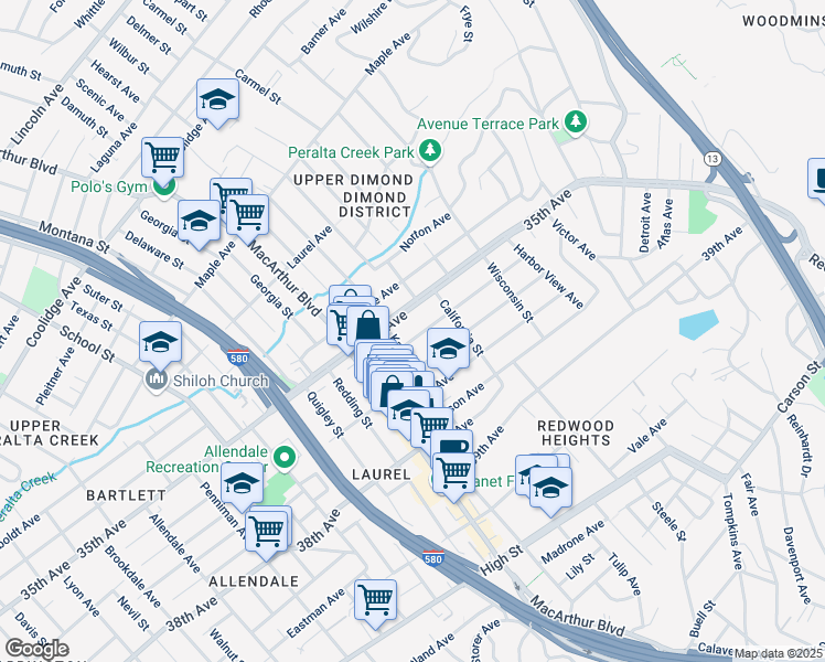 map of restaurants, bars, coffee shops, grocery stores, and more near 3743 Loma Vista Avenue in Oakland