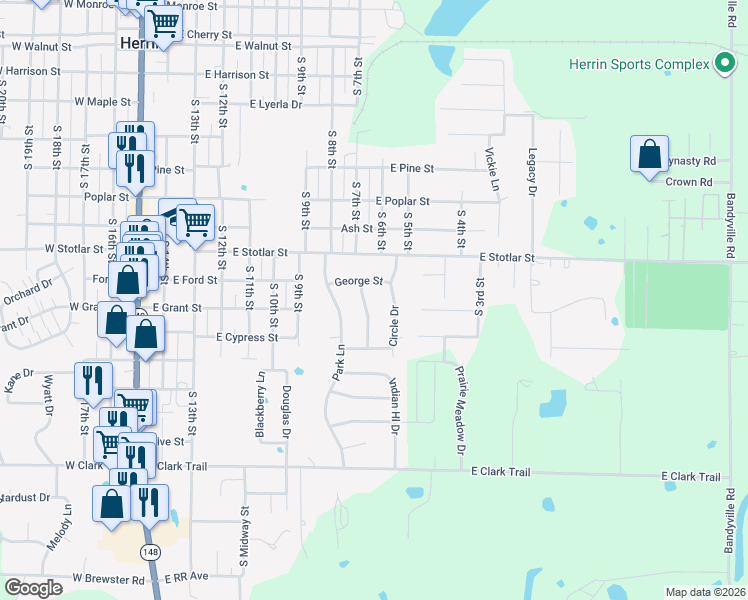 map of restaurants, bars, coffee shops, grocery stores, and more near 500-548 Frederick Street in Herrin