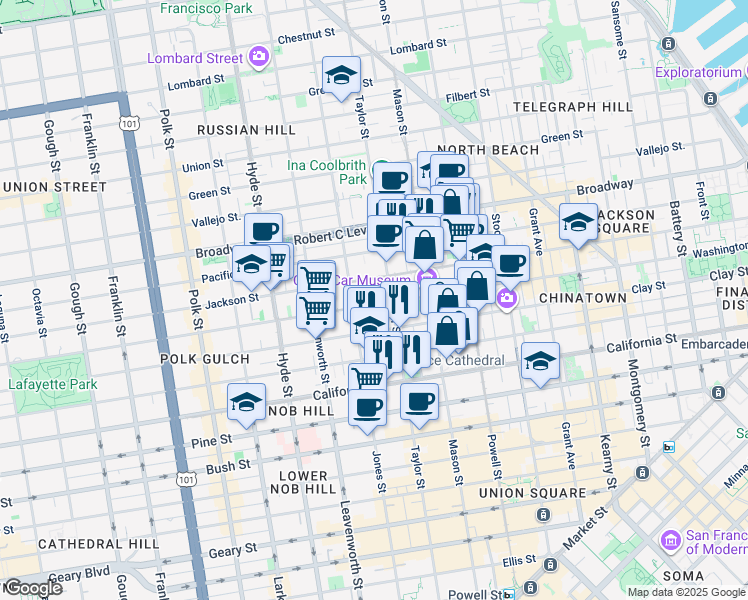 map of restaurants, bars, coffee shops, grocery stores, and more near 1244 Washington Street in San Francisco